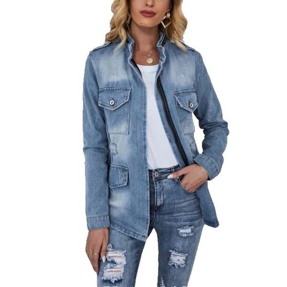 Floral Blooming Blue Mandarin-Collar Pocket Full-Zip Denim Jacket Size L - Picture 1 of 1